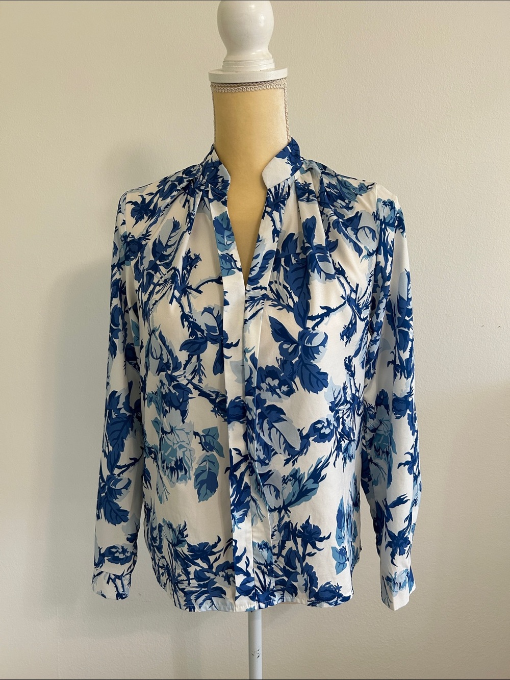 SHEIN White Button-Down Blouse with Blue Floral Print